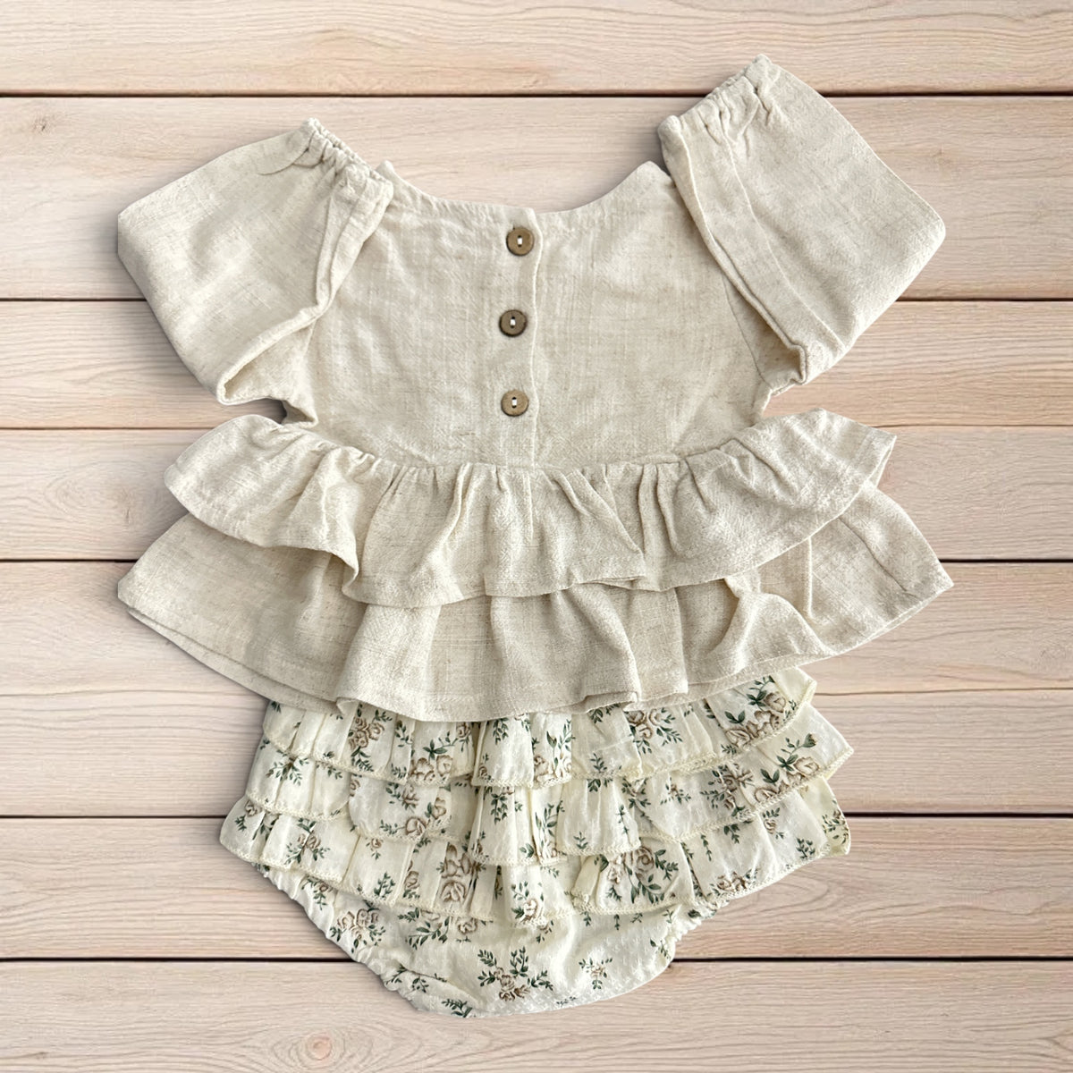 Ivory Floral Ruffle Baby Boutique Set & Bow Headband 3–6M