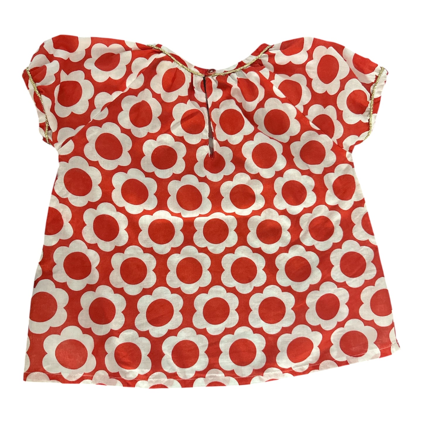 Mini Boden Baby Girls Red Retro Floral Blouse Top Gold Trim 12-18 Months