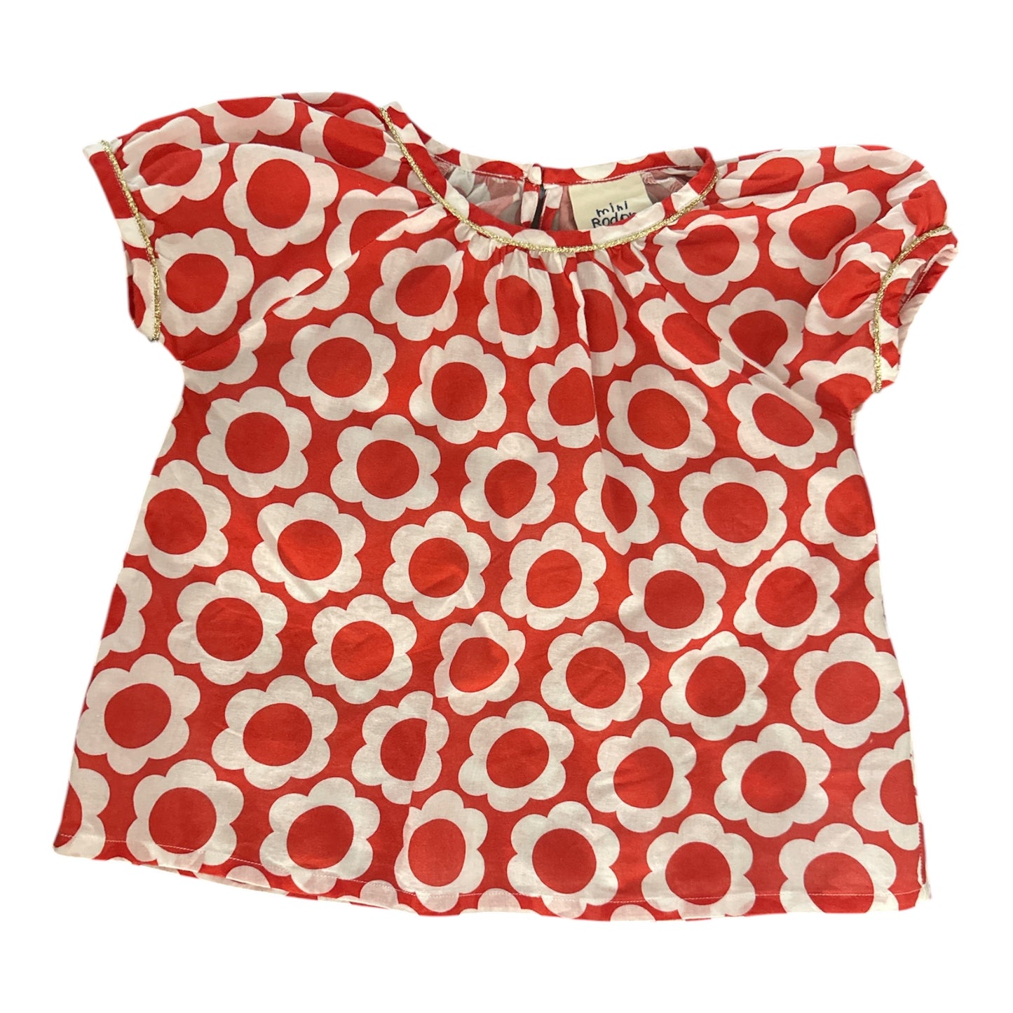 Mini Boden Baby Girls Red Retro Floral Blouse Top Gold Trim 12-18 Months