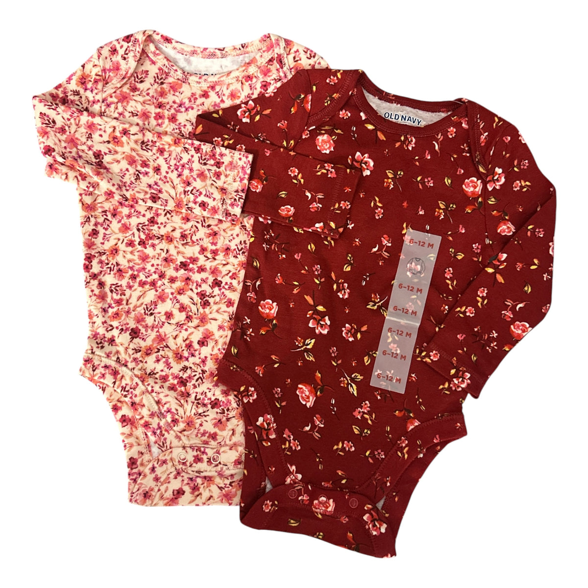 Old Navy Baby Girl Burgundy & Pink Floral Bodysuits Set 6-12mo.