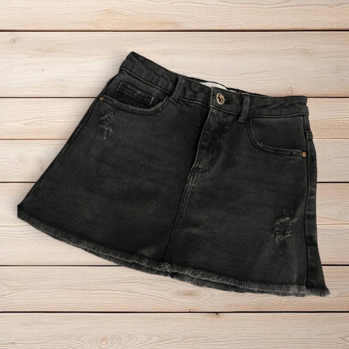 Zara Girls Black Denim Mini Skirt Frayed Raw Hem Jean Skirt Size 7 girls