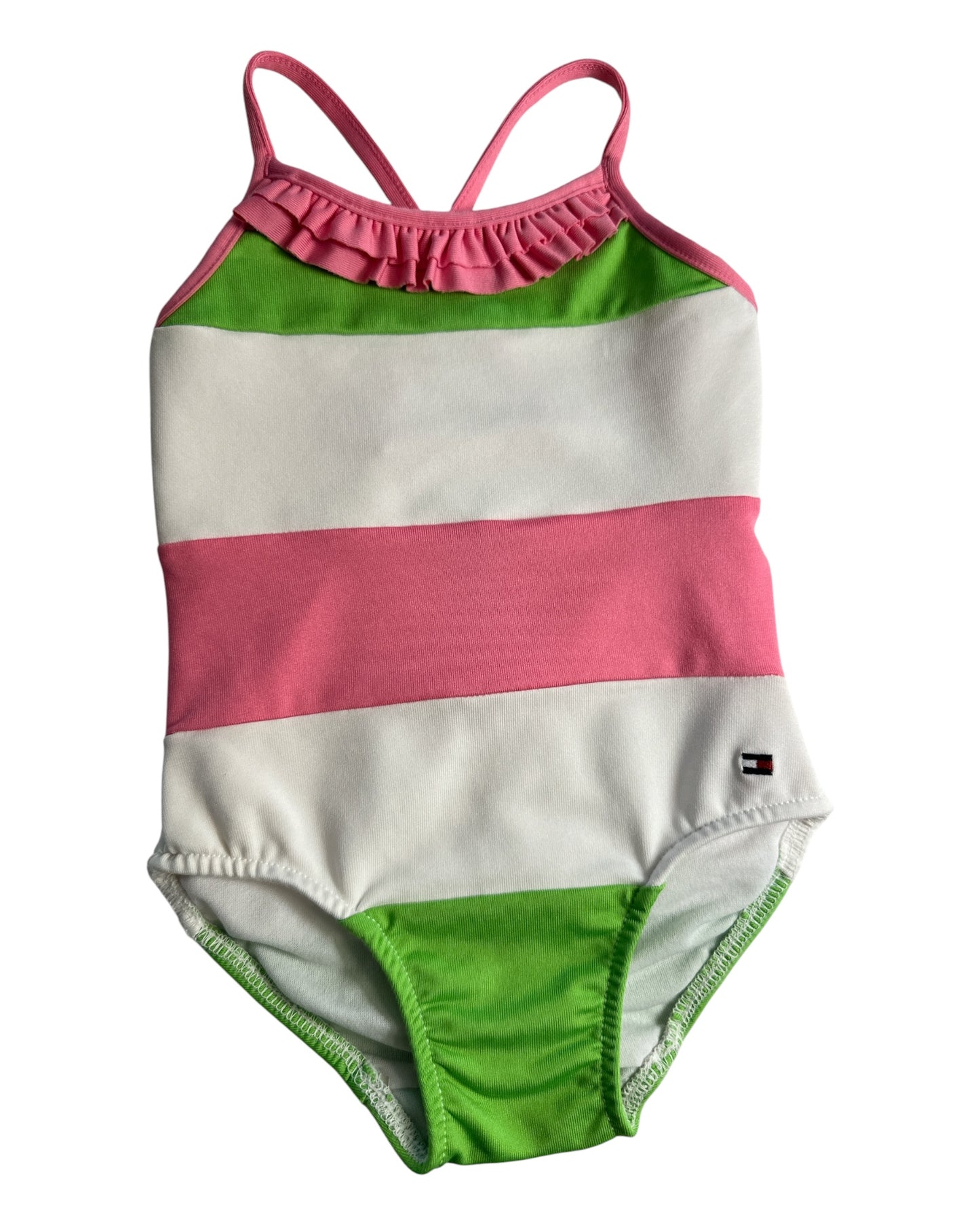 Tommy Hilfiger Girls Striped Ruffle One Piece Swimsuit Pink Green White Size 6-9M