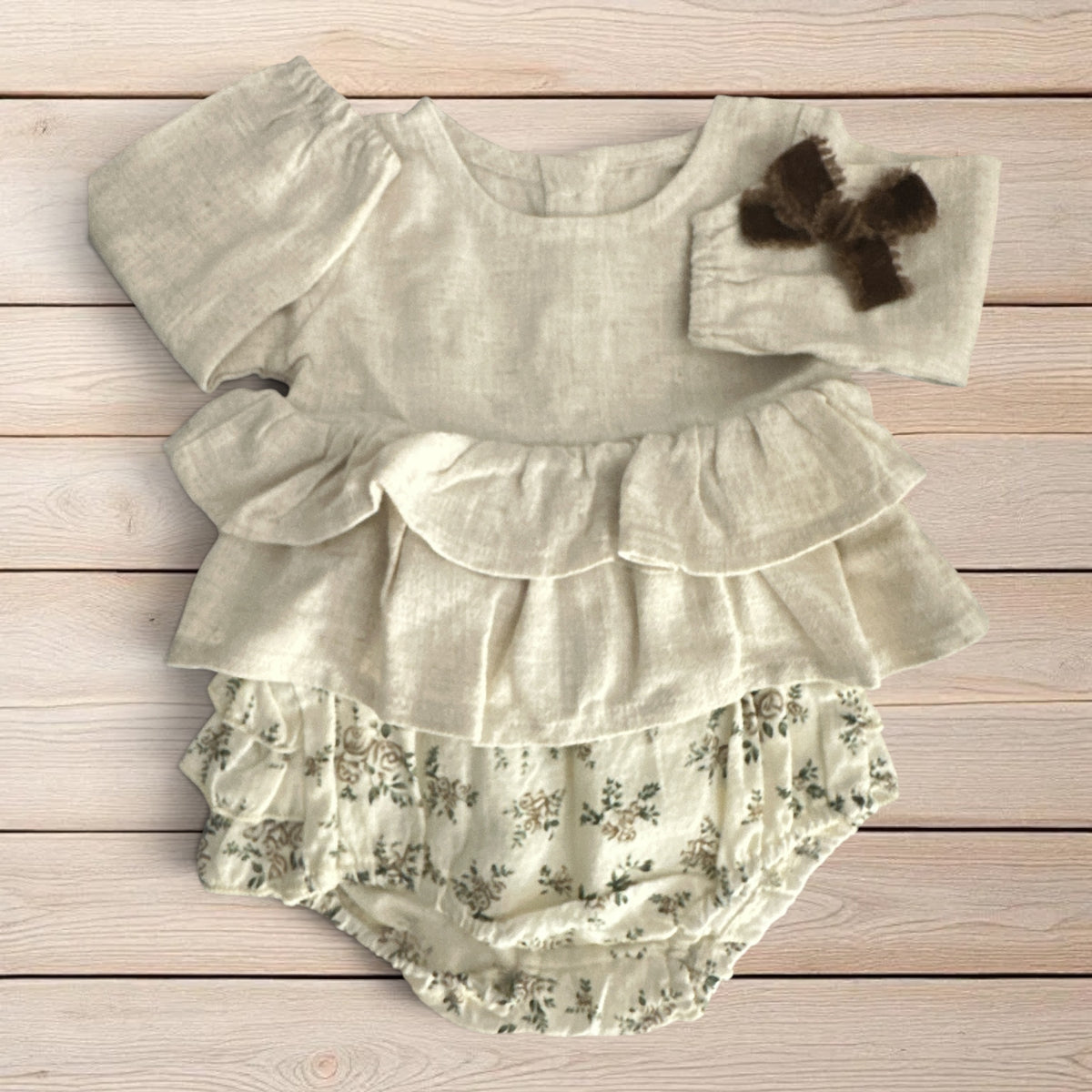 Ivory Floral Ruffle Baby Boutique Set & Bow Headband 3–6M