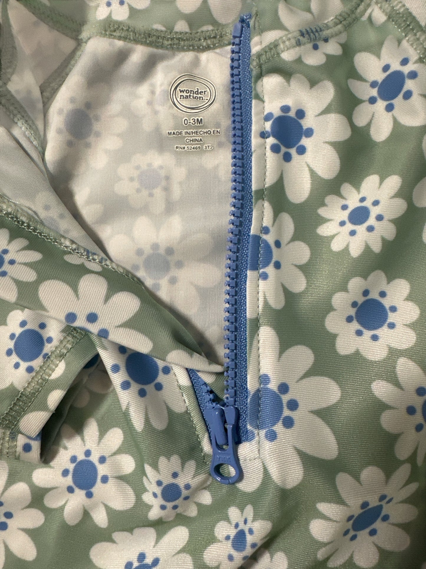 Wonder Nation Baby Girl Green and Blue Floral Daisy One-Piece Rash Guard Swimsuit 0-3mo