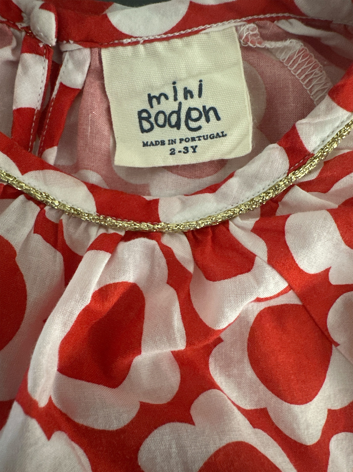 Mini Boden Baby Girls Red Retro Floral Blouse Top Gold Trim 12-18 Months