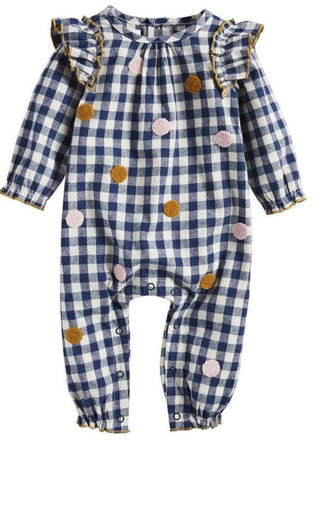 Mud Pie Navy Blue Gingham Romper Embroidered Polka Dots