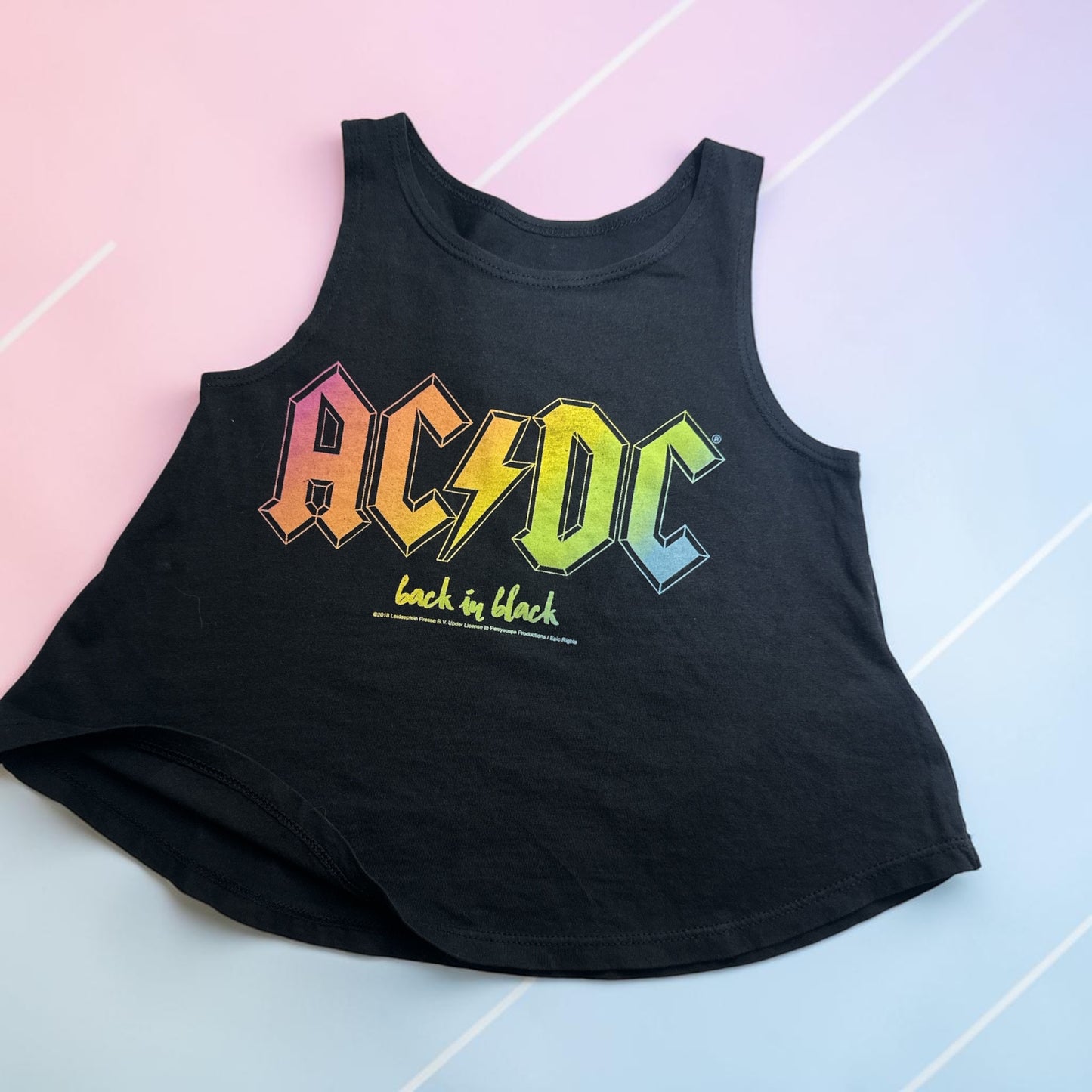 Rowdy Sprout Kids AC/DC "Back In Black" Rainbow Crop Tank Top - 18-24 Mo.