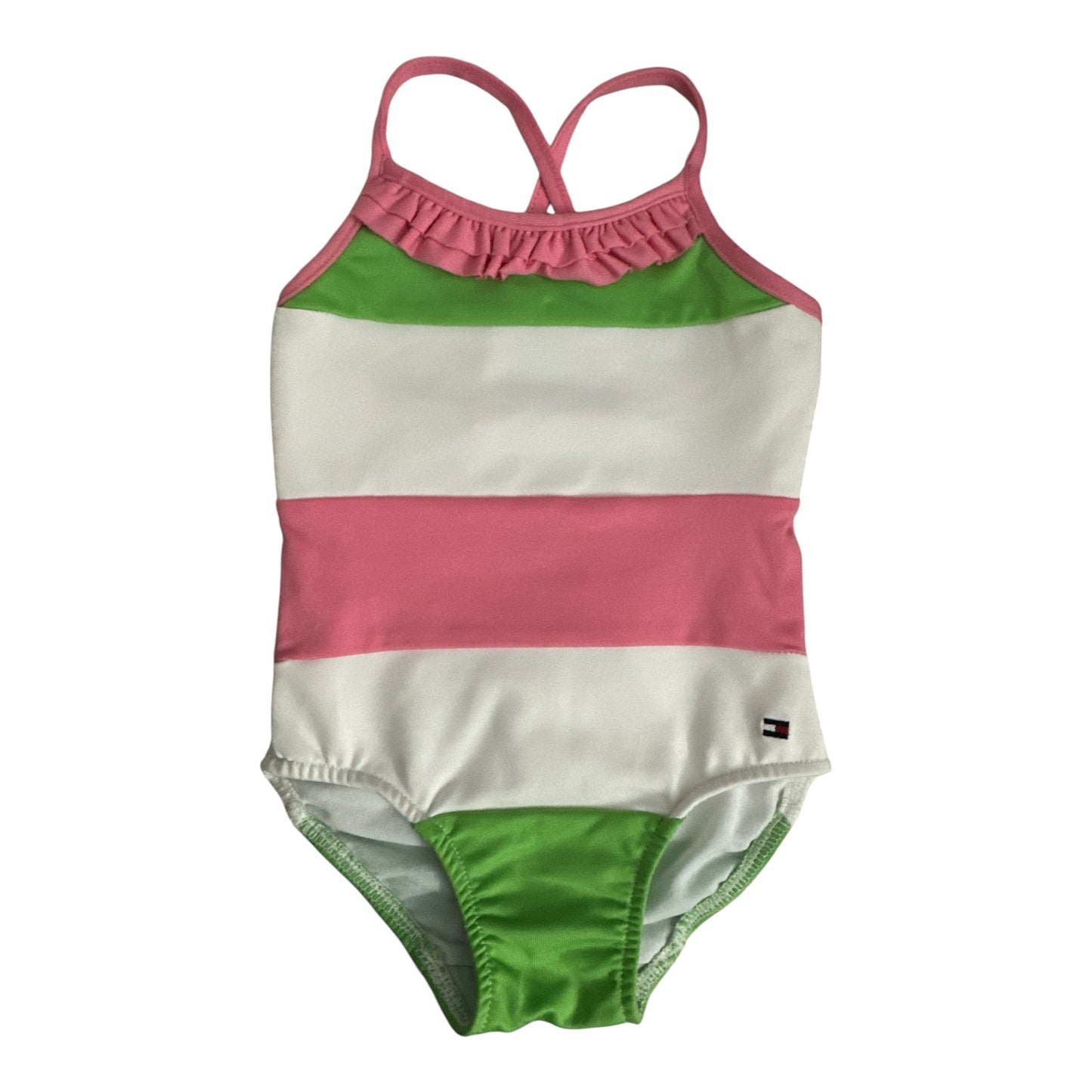 Tommy Hilfiger Girls Striped Ruffle One Piece Swimsuit Pink Green White Size 6-9M
