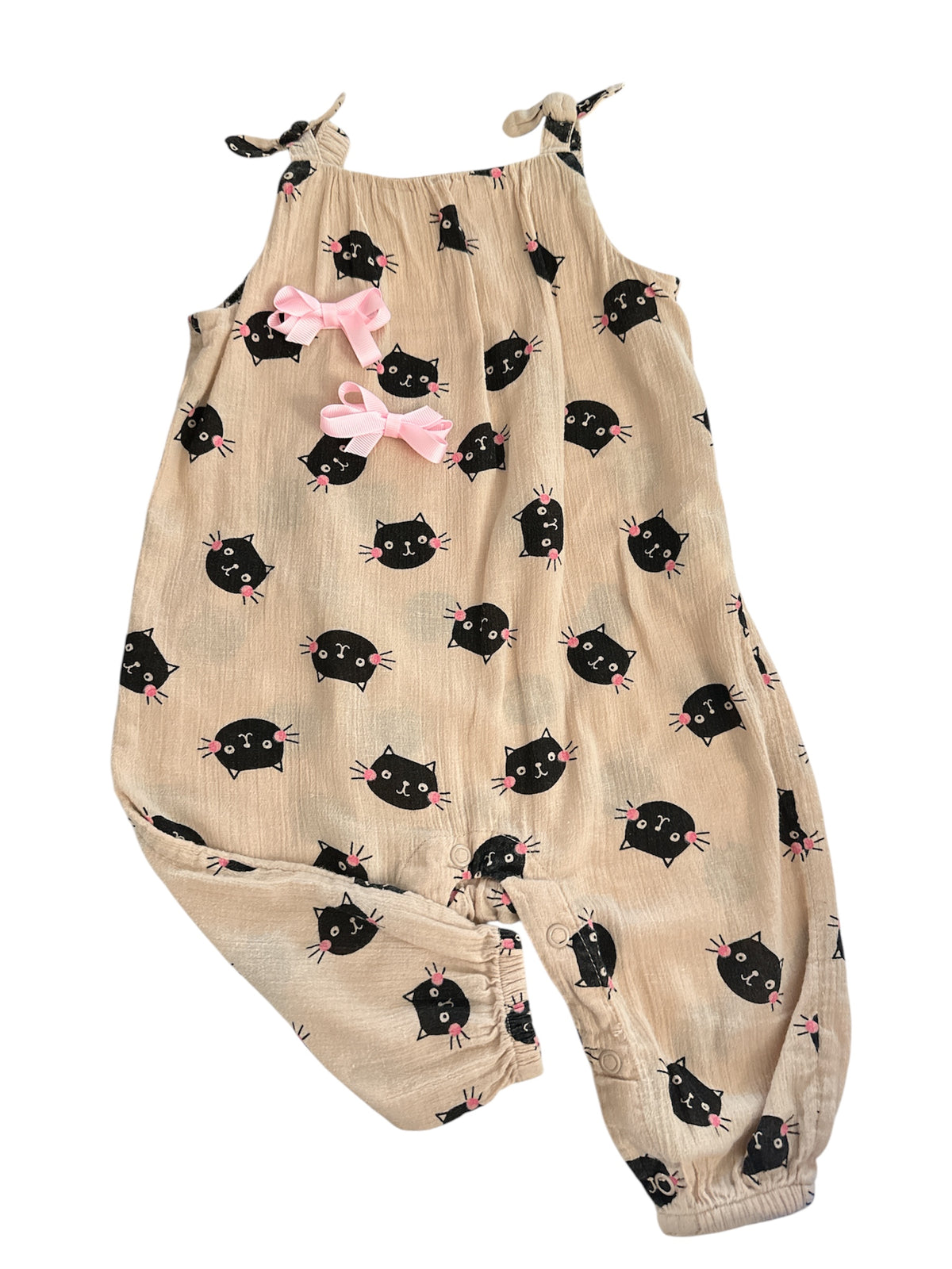 H&M Baby Girls Creped Cotton Cat Jumpsuit Romper with Hair Clips Set 4-6mo.