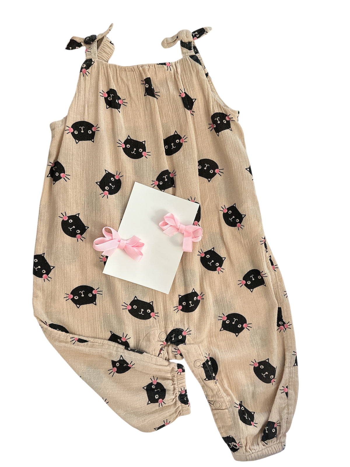 H&M Baby Girls Creped Cotton Cat Jumpsuit Romper with Hair Clips Set 4-6mo.