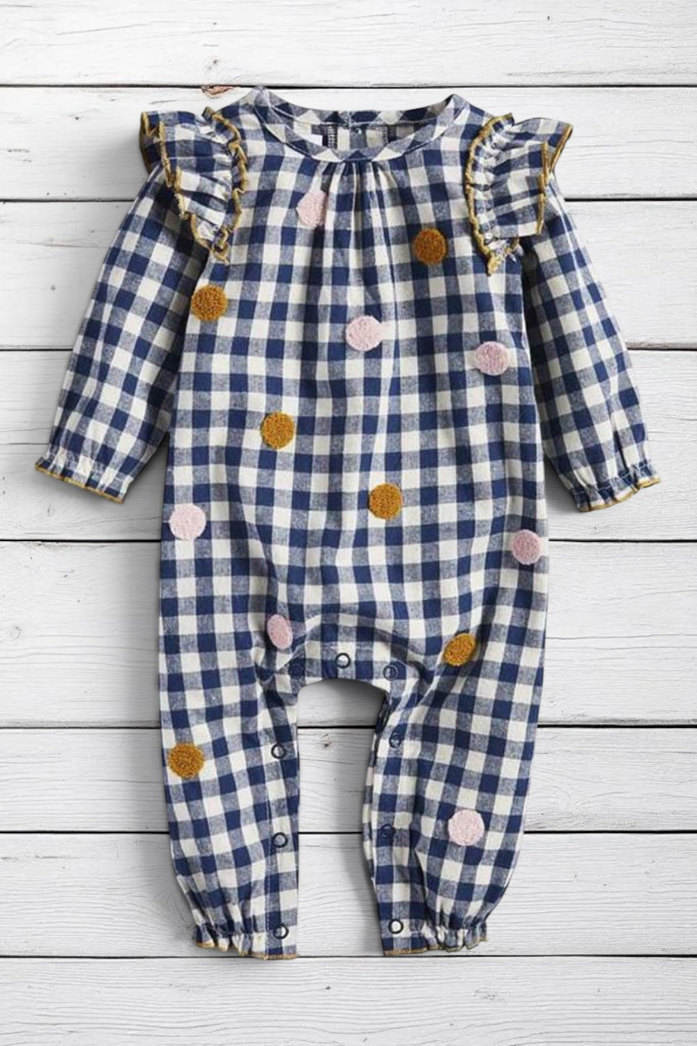 Mud Pie Navy Blue Gingham Romper Embroidered Polka Dots