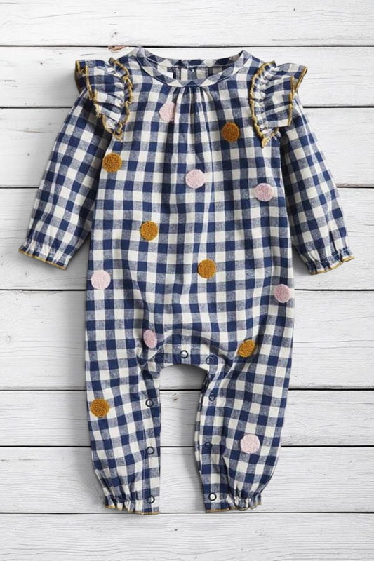 Mud Pie Navy Blue Gingham Romper Embroidered Polka Dots